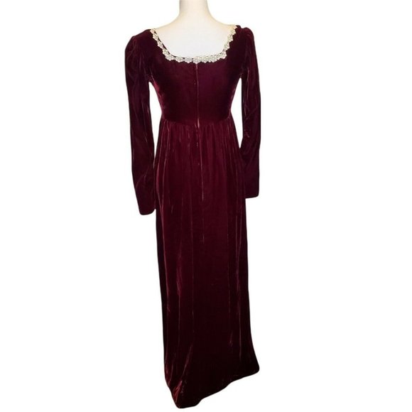 Vintage 60s 70s Wine Red Velvet Prairie Dress Crochet Trim Floor Length Small - Picture 6 of 12
